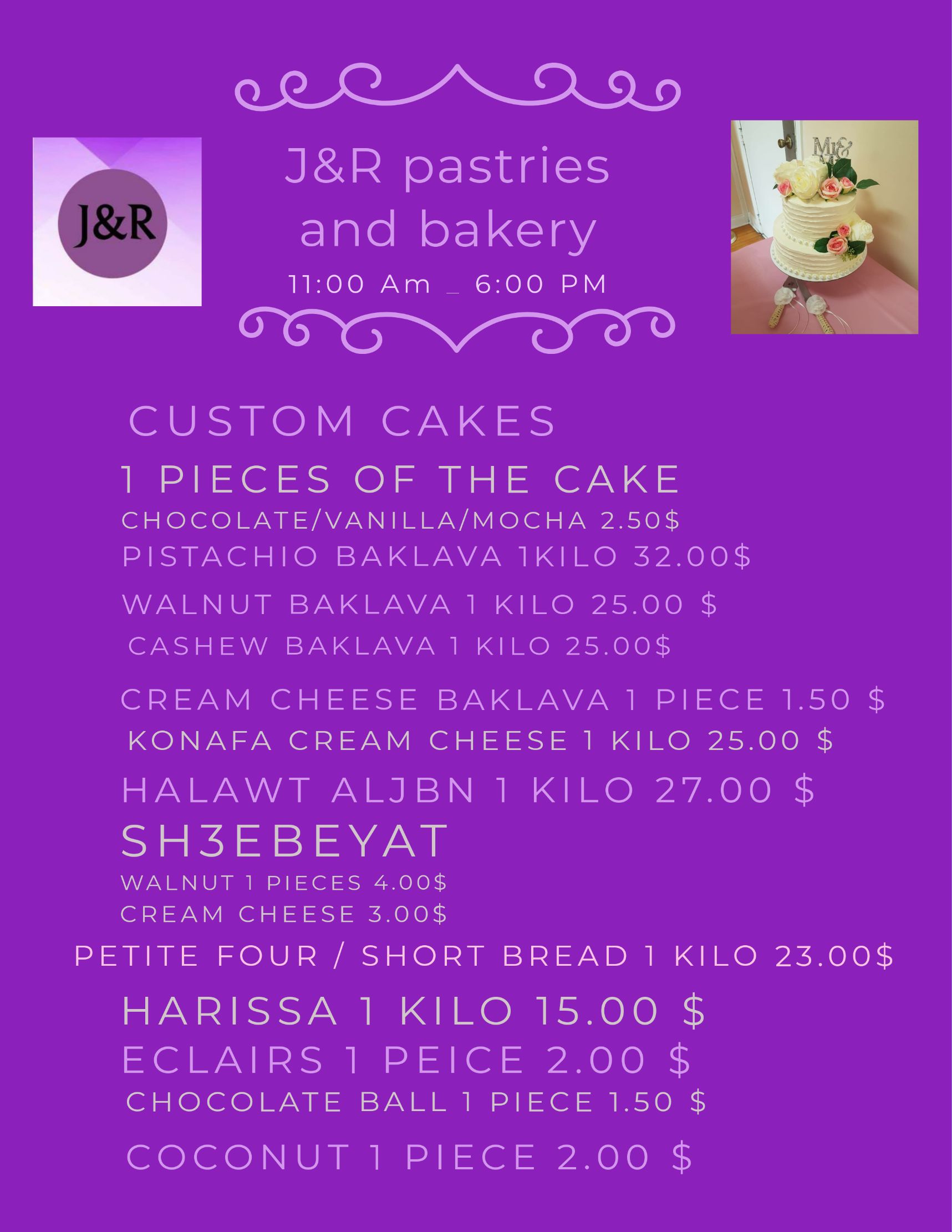 Menu for J&R pastries and bakery